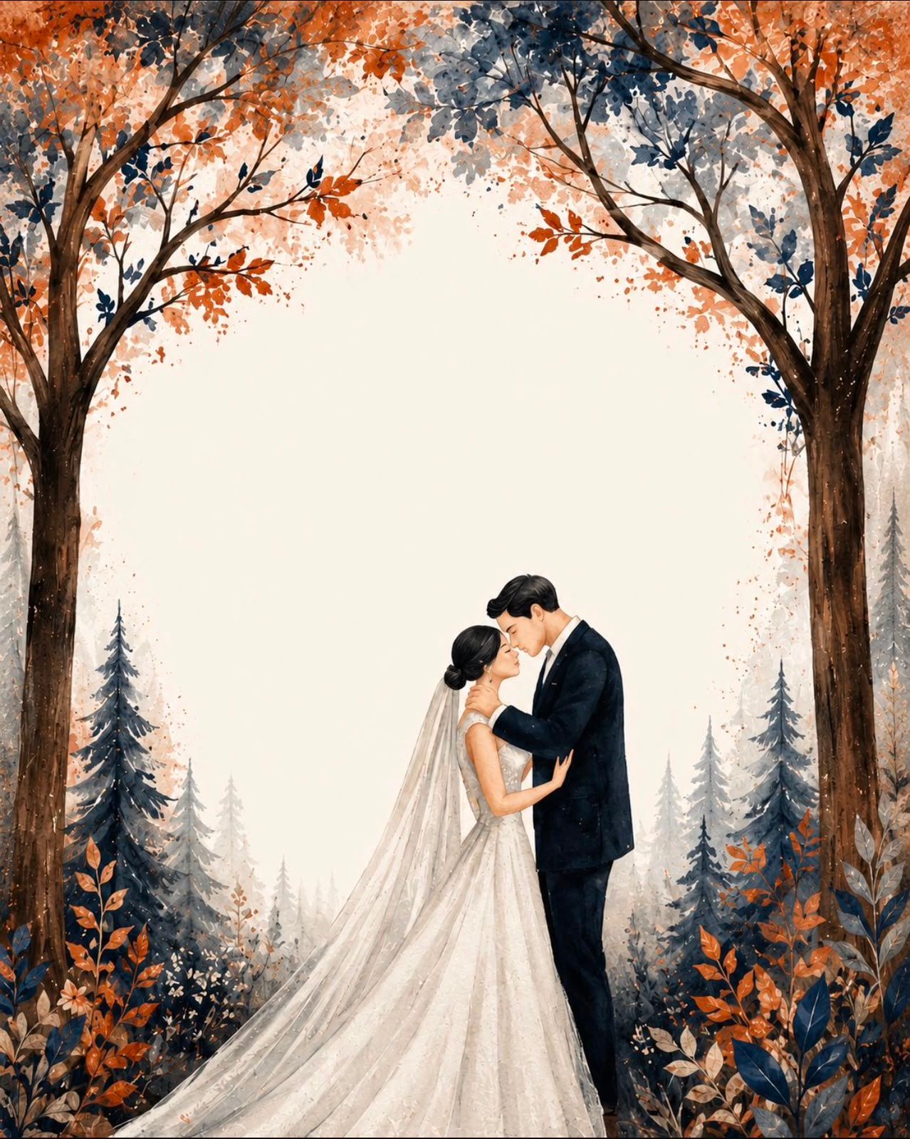 An illustrated bride and groom beneath autumn trees in terracotta, navy, and ivory